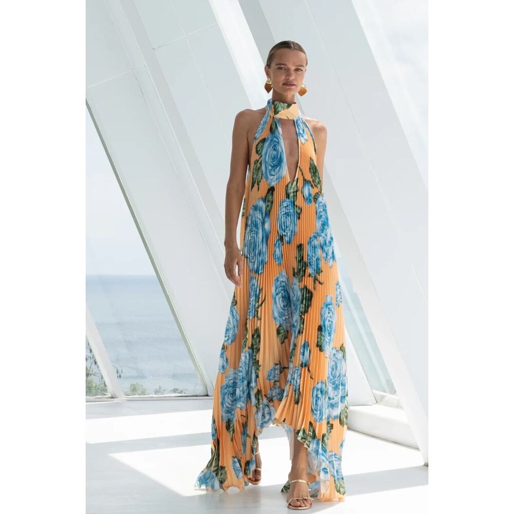 L'IDEE Orange Blue Floral Boheme Plunge Neckline Pleated Tie Closure Gown sz 4